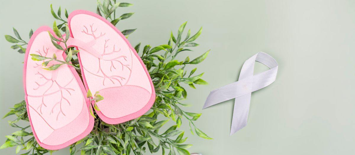 paper lungs over a bush with lung cancer awareness ribbon