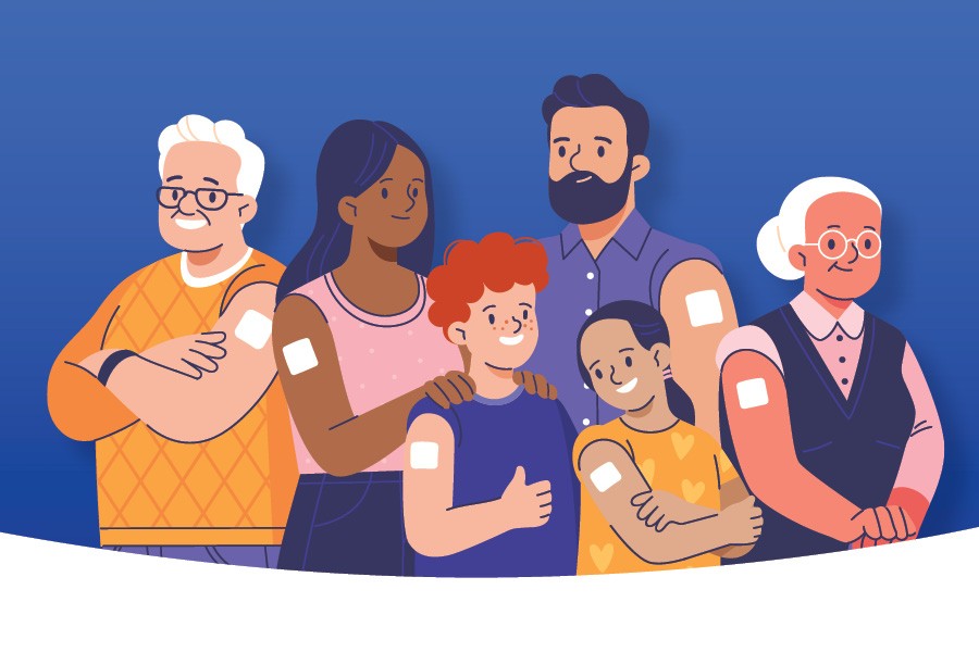 Animated group with bandages from immunizations on arms